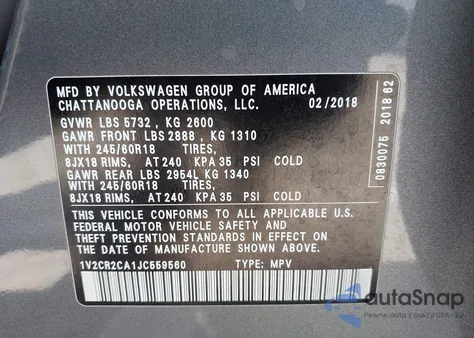 2018 Volkswagen Atlas 3.6L V6 Se z USA, uszkodzony, nr VIN 1V2CR2CA1JC559560